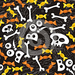 Skulls sweets and bones on dark halloween pattern