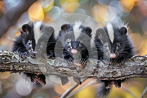 Skunk Baby group of animals hanging out on a branch, cute, smiling, adorable Generative AI