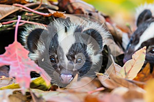 skunk cautiously poking its head out of a leafy den