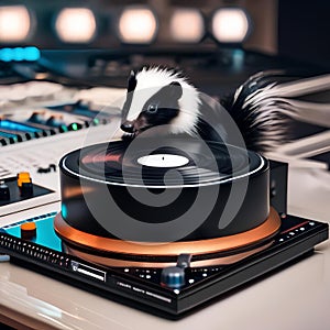 A skunk at a DJ turntable, mixing tracks and making a dance floor for other animals1