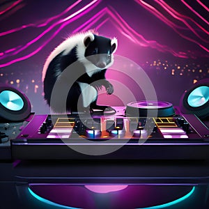 A skunk at a DJ turntable, mixing tracks and making a dance floor for other animals4