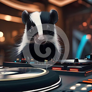 A skunk at a DJ turntable, mixing tracks and making a dance floor for other animals5