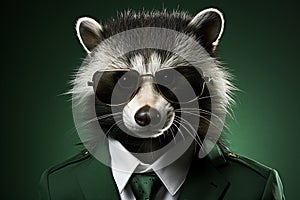 Skunk with sunglasses wearing suit and tie on solid background. Generative AI