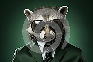 Skunk with sunglasses wearing suit and tie on solid background. Generative AI