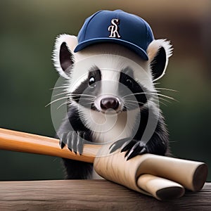 A skunk wearing a baseball cap, holding a bat and ball3
