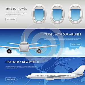 Sky airplane tourism banners. Civil aviation pictures of blue sky and aircraft windows wings vector illustrations place