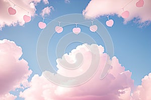 A sky backdrop adorned with a string of pink hearts