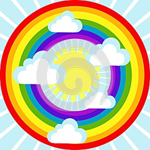Sky background with clouds, sun and rainbow