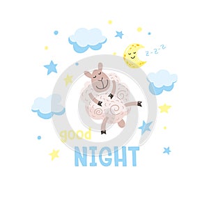 Sky background with cute cartoon poddy, moon and clouds. Vector illustration with cute lamb and inscription Good night