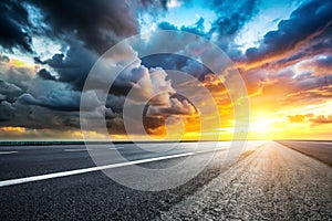 Sky Background Horizon with Dramatic Clouds and Empty Dark Asphalt Street Floor photo