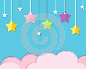 Sky background with pink clouds and colorful hanging stars. Background in paper cut, paper craft style. For baby, kids and nursery