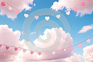 A sky background with pink heart garlands