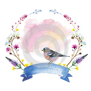 Sky bird sparrow in a wildlife wreath by watercolor style isolated.