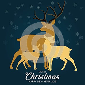 Sky blue background with Reindeer family for christmas. Merry Christmas lettering.