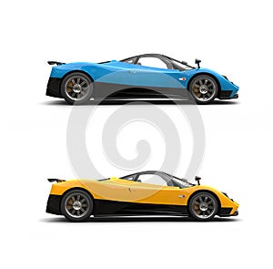 Sky blue and cadmium yellow sport super cars - side view