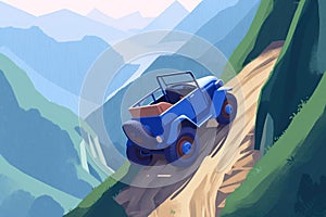 A sky blue car zipping along a narrow ridge of rocky terrain. Speed drive concept. AI generation