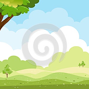 Sky blue with cloud background,Spring landscape with green grass field and tree on mountain,Panorama Nature Summer rural with copy