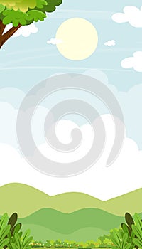 Sky blue with cloud background,Spring landscape with green grass field and tree on mountain,Vertical Nature Summer rural with copy