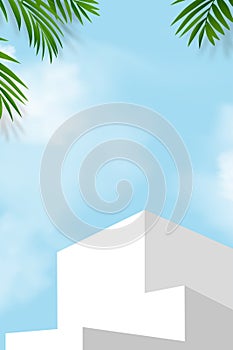 Sky Blue and Cloud with Palm Leaves and White Podium Step,Platform 3d Mockup Display Step for Summer Cosmetic Product Presentation