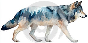 The sky is blue and the grass is green while a wolf walks through the field of grass