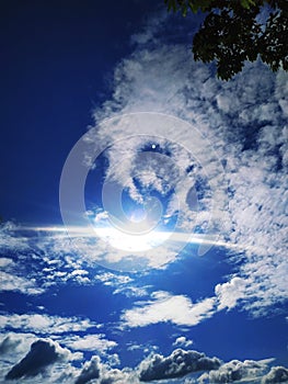 Sky cloud blue background panorama, beautiful white, bright weather sunlight sun