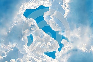 In the sky, clouds have dispersed in the form of a map of Italy. Concept of Divine Omen, Prophecy, Hope, Heavenly Sign for Country