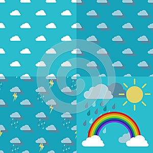 Sky with clouds, rain, sun and a rainbow arc Vector
