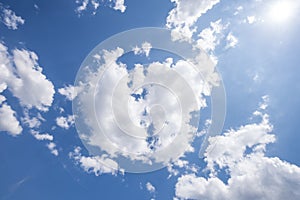 Sky with clouds and sun, photographed upwards for backgrounds