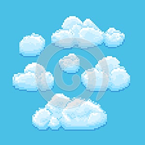Sky with clouds vector pixel art. Cloudscape background for retro game
