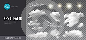 Sky creator. Realistic set of clouds and sun. Vector design elements.