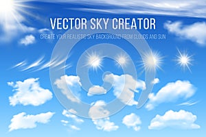 Sky creator. Realistic set of clouds and sun. Vector design elements.