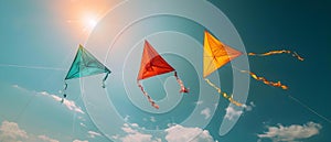 Sky Dance: A Trio of Kites Against a Sunlit Canvas. Concept Kite Flying, Sunlit Sky, Outdoor Fun,