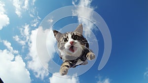 sky diver cat jumping trough the sky with scary expression. funny cat flying. generative ai