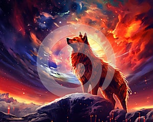 The sky explodes into a red and her wolf is on top of the mountn.