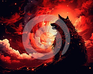 The sky explodes into a red and her wolf is on top of the mountn.