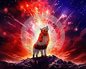 The sky explodes into a red and her wolf is on top of the mountn.