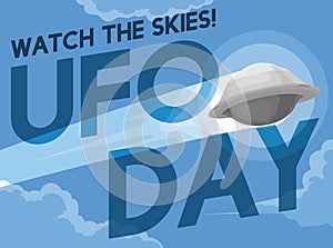 Sky with Fast Flying Saucer Inviting You to Commemorate UFO Day, Vector Illustration