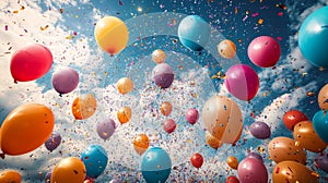 Sky Filled with Colorful Balloons and Confetti Celebration photo