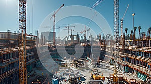 Sky filled with cranes and workers at a bustling construction site