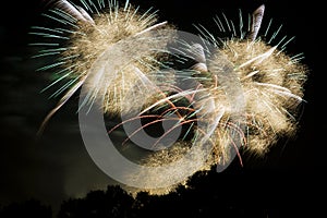 The sky is filled with feathers after an explosion of fireworks