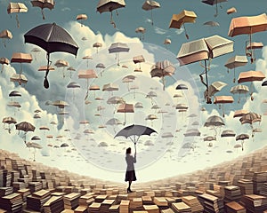 Sky filled with flying umbrellas and openbooks. Surreal, dreamlike art style