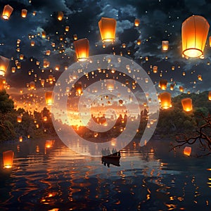 A sky full of glowing lanterns floating mystically Generative AI
