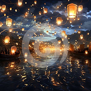 A sky full of glowing lanterns floating mystically Generative AI
