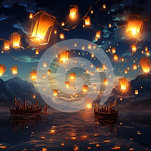 A sky full of glowing lanterns floating mystically Generative AI