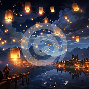 A sky full of glowing lanterns floating mystically Generative AI