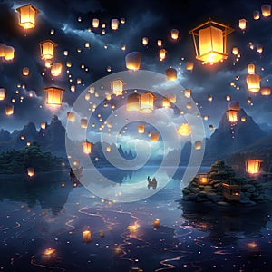 A sky full of glowing lanterns floating mystically Generative AI