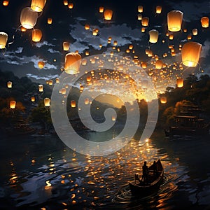 A sky full of glowing lanterns floating mystically Generative AI