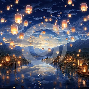 A sky full of glowing lanterns floating mystically Generative AI