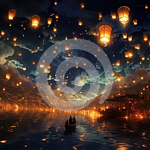 A sky full of glowing lanterns floating mystically Generative AI