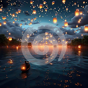 A sky full of glowing lanterns floating mystically Generative AI